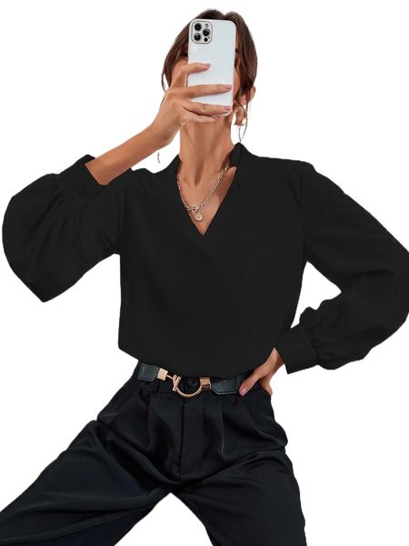 

solid surplice neck blouse b0e5#, White