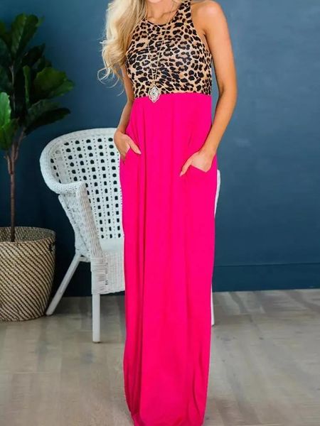 Abiti casual Estate per le donne 2022 Tasca leopardata senza maniche O-Collo Maxi abito Canotta Lunghezza al pavimento Abito Rosa Rosso Sexy VestidoCasual