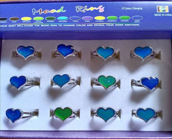 Love Heart Mood Ring Change Color Rings para a temperatura do seu tamanho de mistura de sangue 12pcs/caixa