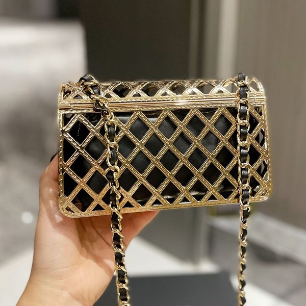 

channel shoulder bags trend luxury flap bags gold metal hollow woven lined zipper leather bag classic check chain messenger bag senior desig