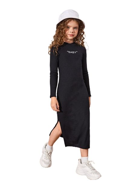 

girls letter graphic slit hem dress 646x#, Black;white