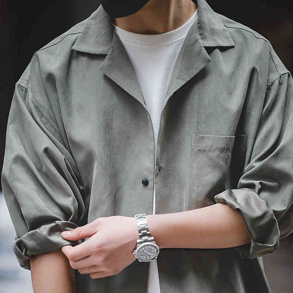 

men's tracksuits madden work clothes american cuban collar long sleeved shirt folded with antique loose peach skin v-neck men s424, Gray