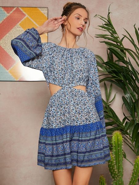 

allover floral print cut out dress z3an#, Black;gray