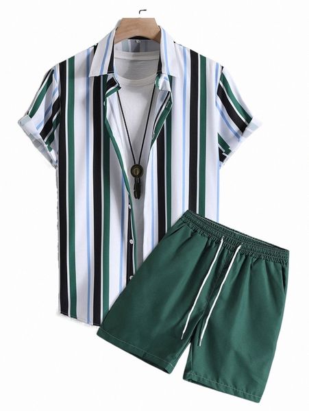 

men 1pc striped shirt & 1pc drawstring shorts x4dc#, Gray