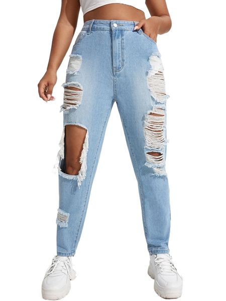 

plus high waist cut out ripped frayed mom jeans z489#, Blue