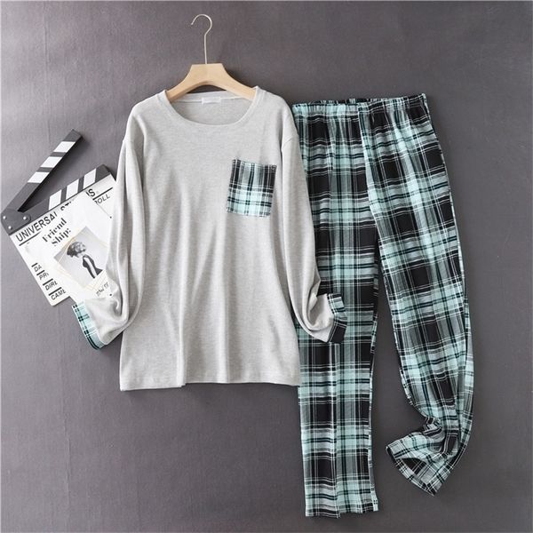 

japanese spring and autumn men s plus size cotton knitted pajamas suit simple plaid long sleeved trousers home service men lj201113, Black;brown