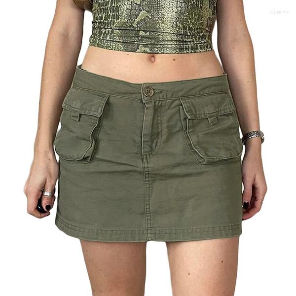 Юбки Y2K Винтажная юбка для карандашей корейская мода Kawaii Pockets Mini Army Mini Army Green Grunge Streetwearskirts