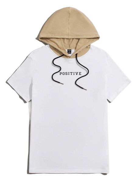 

men letter graphic colorblock drawstring hooded tee z4bo#, White;black
