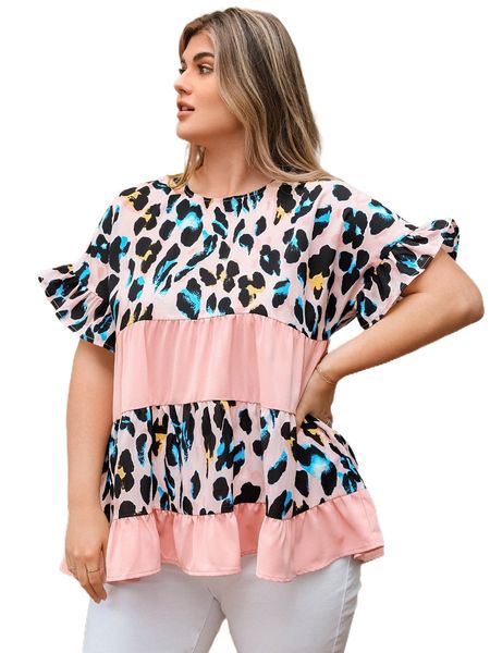 

plus leopard print ruffle trim blouse o9yq#, Black