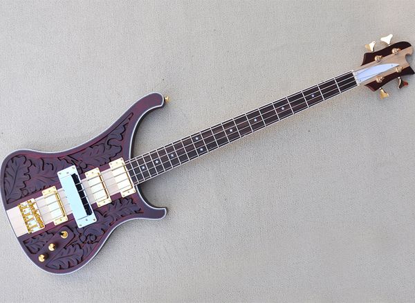 4 струны темно -коричневая электрическая басовая гитара с выгравированной шейкой на кузов