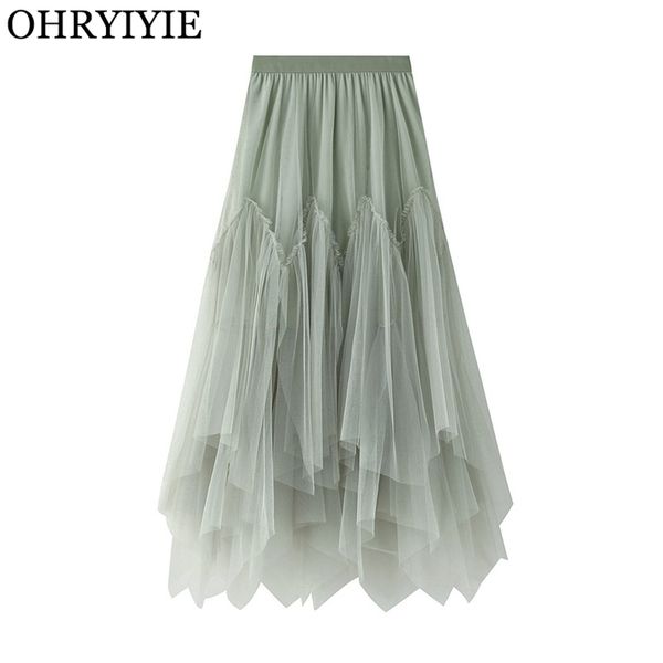 

ohryiyie women irregular long tulle skirts ladies high waist ankle-length tutu maxi beige green female faldas jupe femme 220322, Black