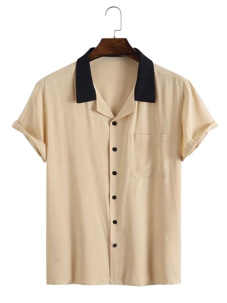 

men contrast collar pocket patched button up shirt q8e0#, White;black