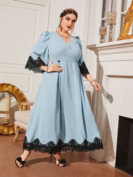 

plus contrast eyelash lace puff sleeve plicated detail dress 47tf#, Black