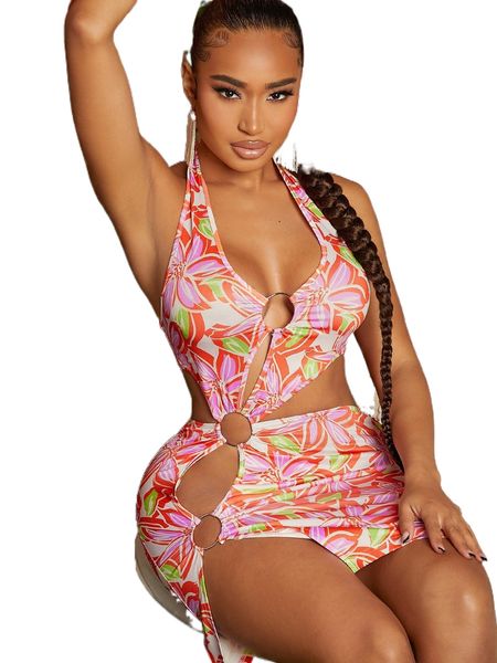 

o-ring cutout floral bodycon dress 53ze#, Black;gray