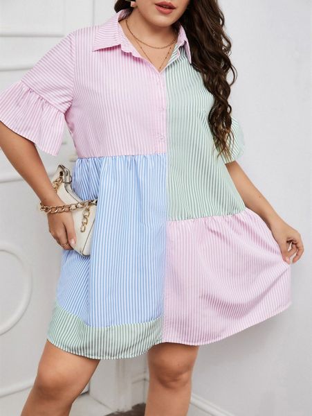 

plus striped print colorblock button front dress w9t0#, Black