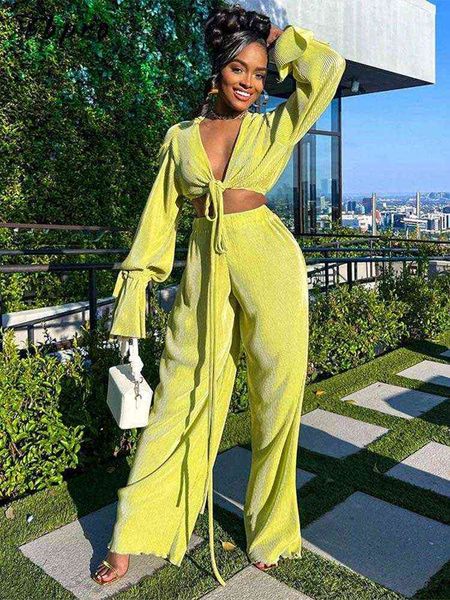 

women flare sleeve cropped wide leg trouser suits ladies elegant lace up blouse loose pants 2022 summer female fashion sets t220729, Gray