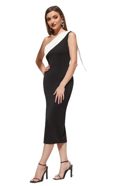 

colorblock one shoulder bodycon dress b1jp#, Black;gray