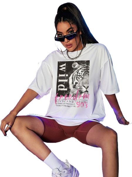 

tiger & slogan graphic drop shoulder tee 68ko#, White