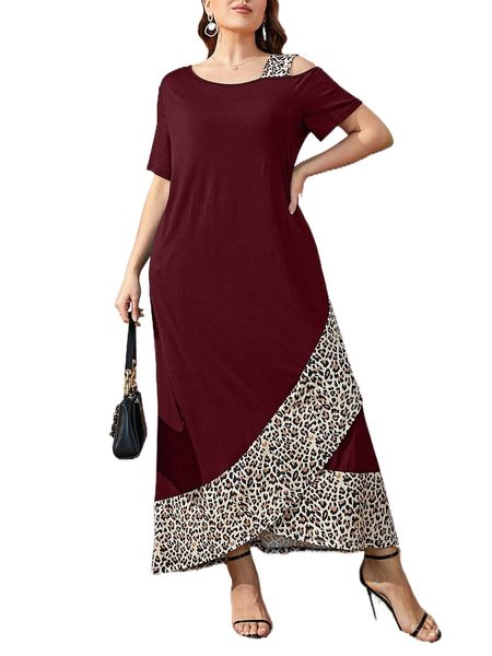 

plus leopard print asymmetrical neck wrap hem tee dress t48l#, Black