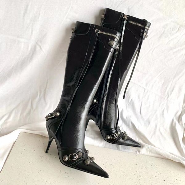 

genuine leather knee high cagole boots designer woman fashion rivets pointed toe black martin boot luxurious long booties shoes eu45