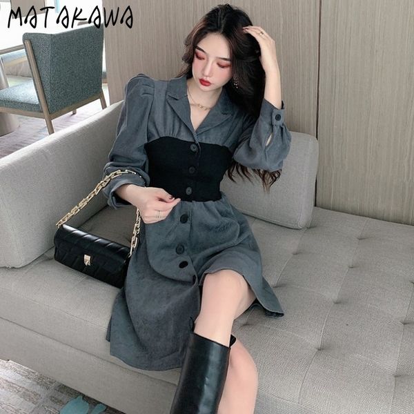 

slim waist stitching femme robe spring retro singlebreasted woman dress midlength elegant temperament vestido 210506, Black;gray
