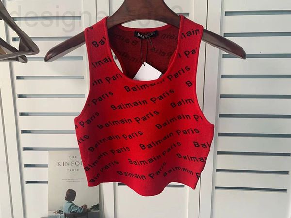 

women's t-shirt designer spring and summer new balman knitted jacquard letter navel exposed vest suspender women's ins net red sam, White