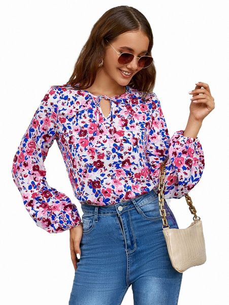 

tie neck allover floral u0bz#, White