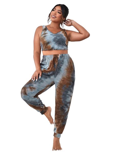 

plus tie dye notched neck knot front pj set w9tu#, Black;white