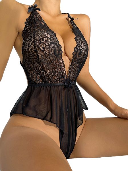 

contrast lace mesh cross teddy bodysuit w18q#, Black;red