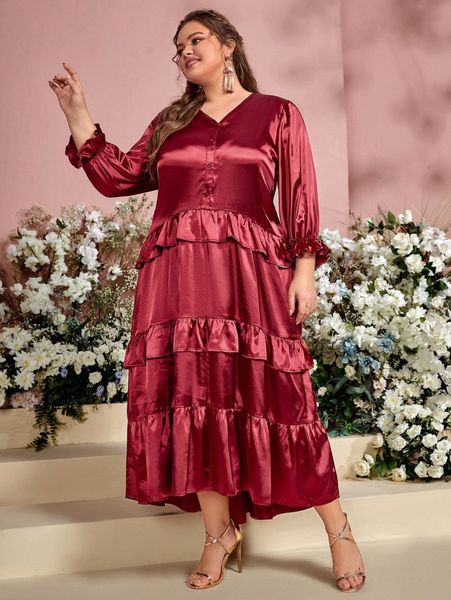 

plus solid ruffle hem button front lantern sleeve satin dress j8ye#, Black