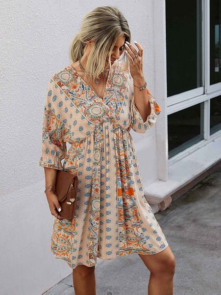 

all over print wrap neck tie back dress b05u#, Black;gray