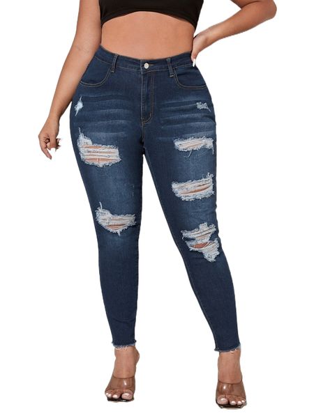 

plus washed raw hem ripped jeans s995#, Blue