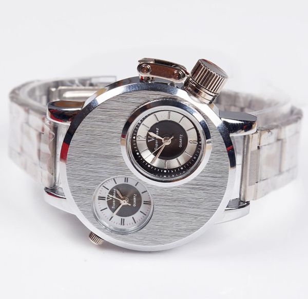 

fashionable men's dual movement quartz watch male student v6 sport steel leather band round shape aolly wristwatch gift for boyfriend, Slivery;brown