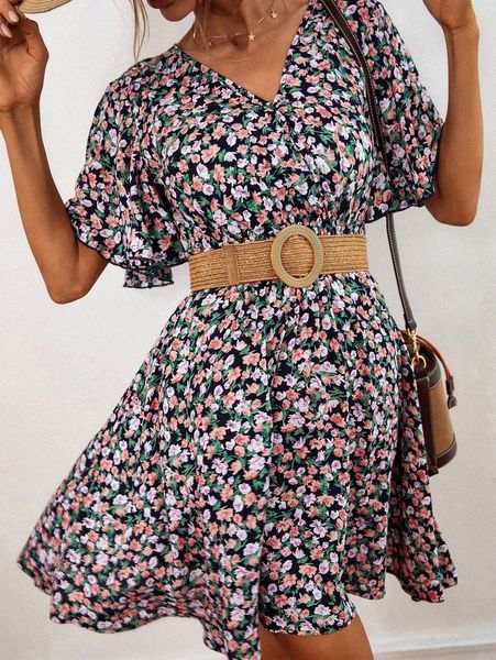 

ditsy floral butterfly sleeve dress without belt y02i#, Black;gray