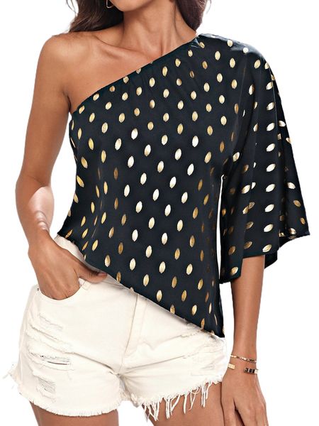 

gold dot print one shoulder asymmetrical hem blouse d38f#, White