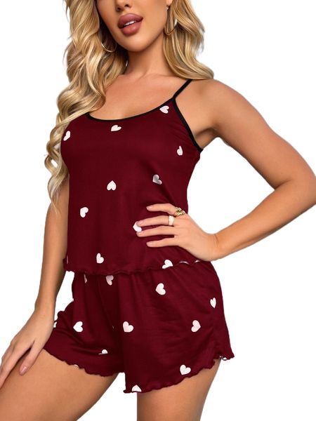 

lettuce trim heart print cami & shorts pj set h2cl#, Black;red