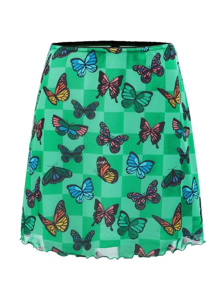

x mine eyes butterfly print lettuce trim skirt u7ln#, Black