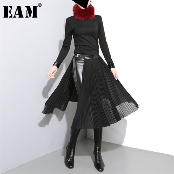

eam spring high waist solid color black pleated loose split joint halfbody skirt women fashion jd10501 y200326