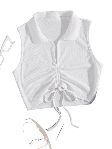 

drawstring front ribbed knit tank 64cu#, White