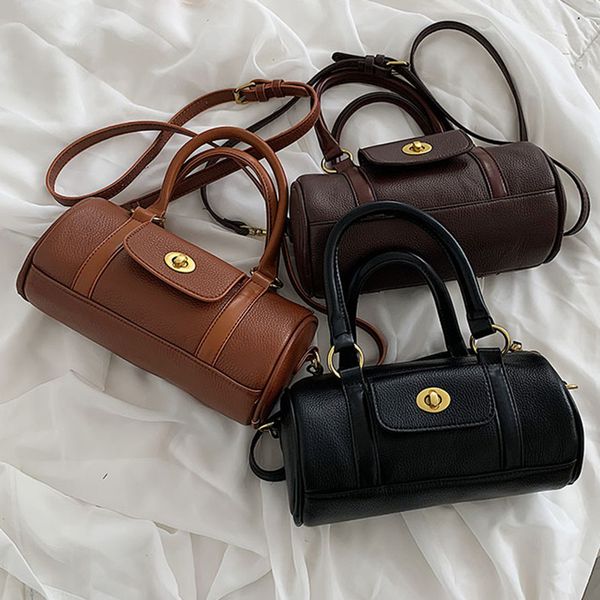 

replica designer bags brand women pu leather crossbody brown barrel-shaped shoulder bags female handbag travel boston bag
