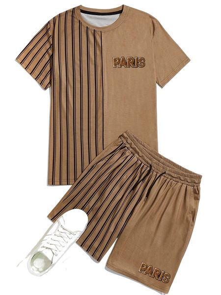 

men striped letter patch detail tee & drawstring waist shorts 044r#, Gray