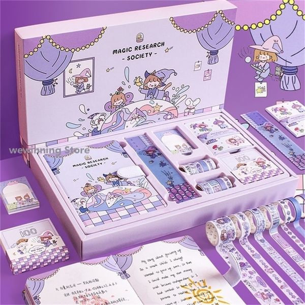 Kawaii Dizüstü Kutusu Set Notepads Kırtasiye Sevimli Mor Pembe Günlüğü Bütçe Kitap Dergisi ve Washi Bant Hediye Okul Malzemeleri 220401