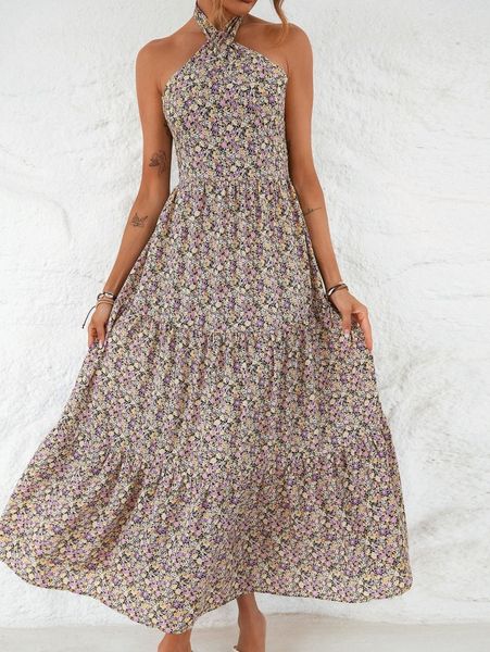 

ditsy floral halter neck backless ruffle hem dress x9do#, Black;gray