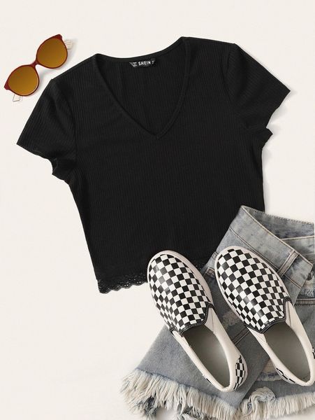 

v-neck lace hem rib-knit i4yt#, White
