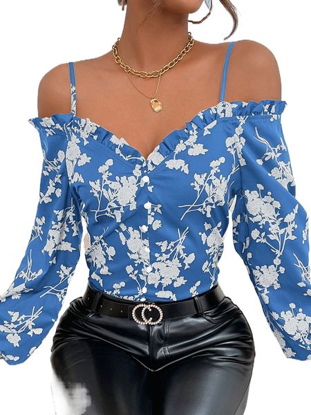 

floral print cold shoulder blouse l3e8#, White