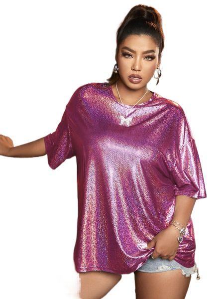 

plus holographic drop shoulder metallic tee r35m#, Black