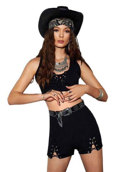 

grommet eyelets criss cross zipper back shorts l9nt#, White;black