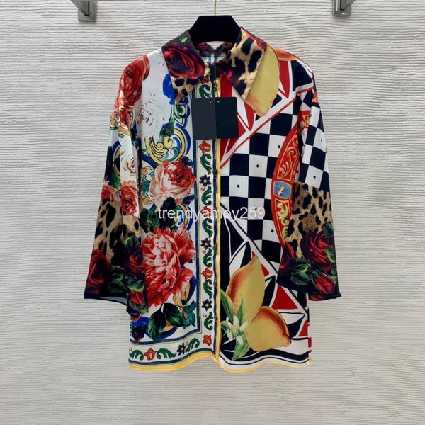 

women's polos autumn button pattern geometry check square rose peony flower print twill silk shirt, White