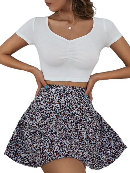 

ruched crop & ditsy floral print skirt t3nf#, White
