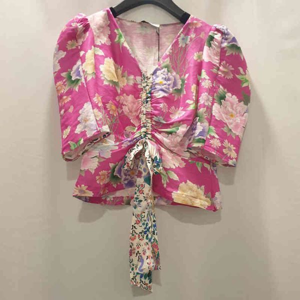 

women's polos french minority spring summer v-neck fold print lace up short 5-sleeve slim fit shirt women, White